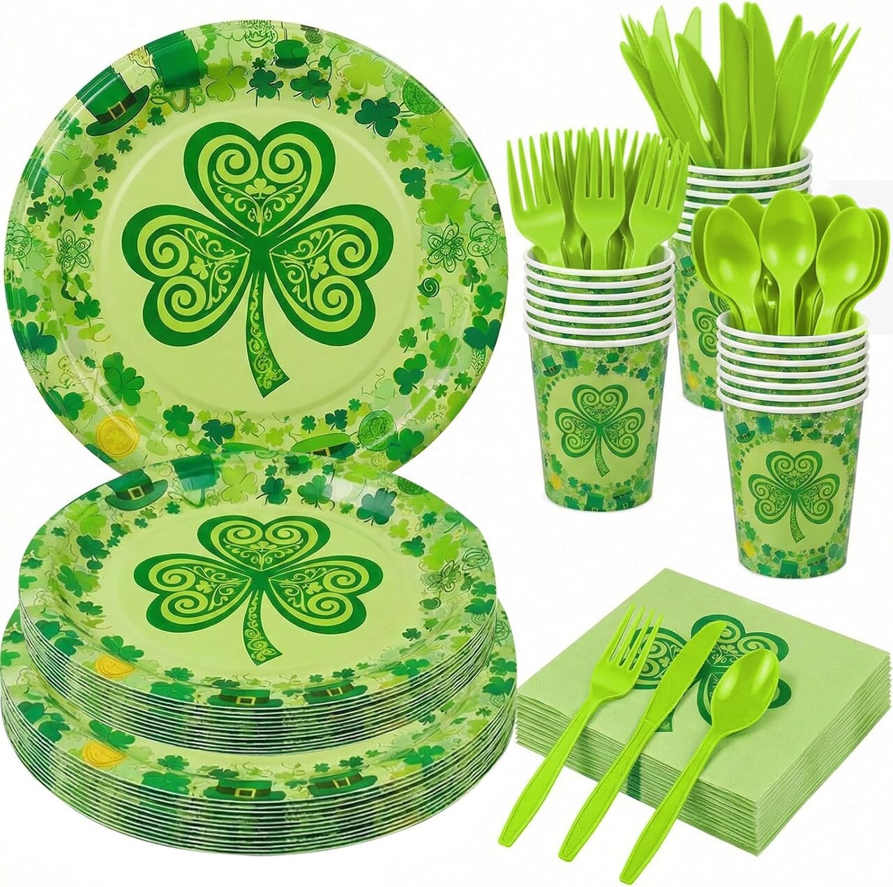 168-Pcs St. Patrick’s Day Tableware Set – Shamrock Plates, Cups, Napkins & Cutlery for 24 Guests – St. Patricks Party Supplies